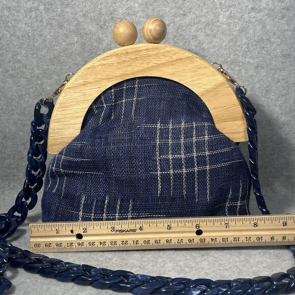 Pushi Blue Tweed Timber Handle Frame Clutch Detachable Strap Magnetic Closure - Picture 12 of 16